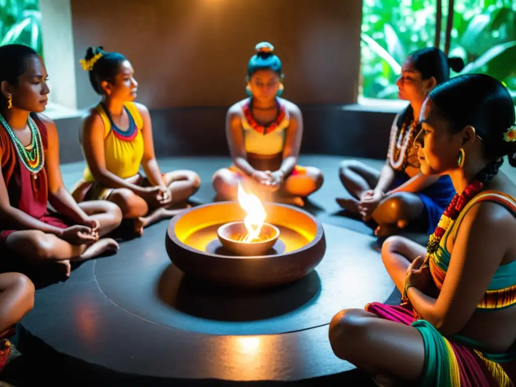 Grupo de personas en círculo participando en rituales de cacao maya tradición, vestidos con trajes coloridos, en una atmósfera serena e introspectiva