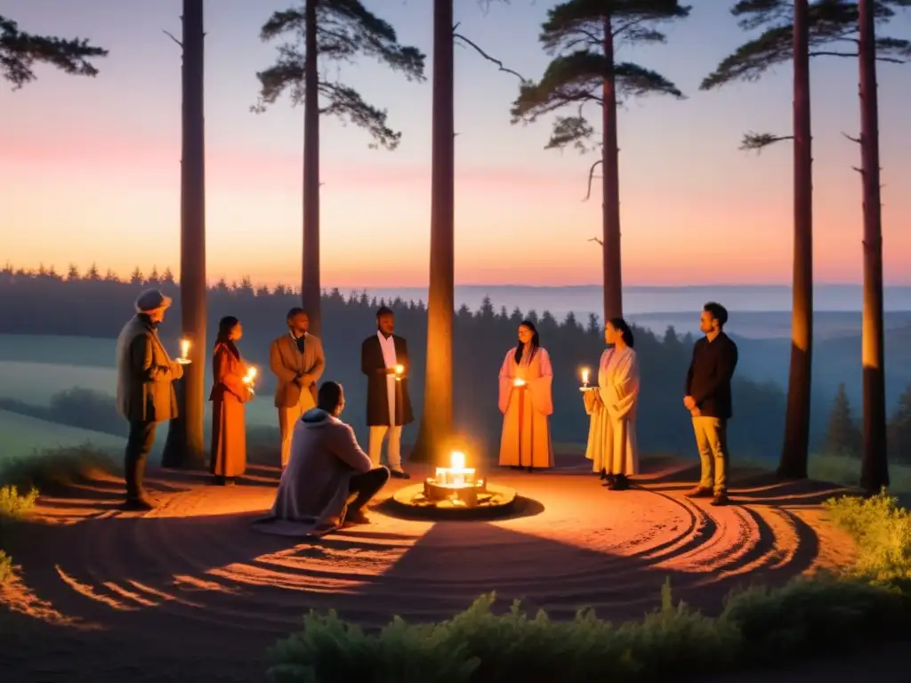 Un grupo de personas en círculo al amanecer, rodeadas de árboles altos con velas en mano, celebrando rituales de equinoccio y solsticio