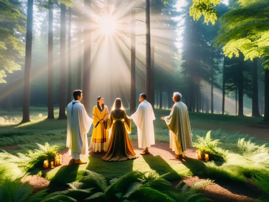 Ritual de equinoccio: conexión espiritual en el bosque Un grupo de personas en un claro del bosque, vestidas con túnicas y realizando una ceremonia neopagana de equinoccio al atardecer