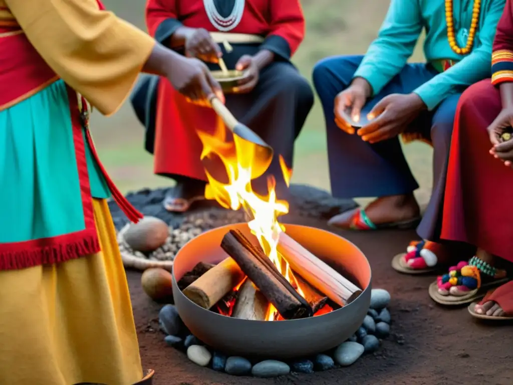 Un grupo de personas de una comunidad local se reúnen alrededor de un fuego sagrado, vistiendo atuendos tradicionales y participando en un ritual