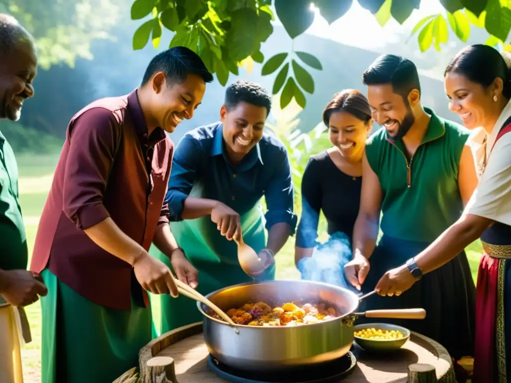 Un grupo de personas de diferentes culturas prepara una comida sagrada al aire libre, compartiendo historias y risas