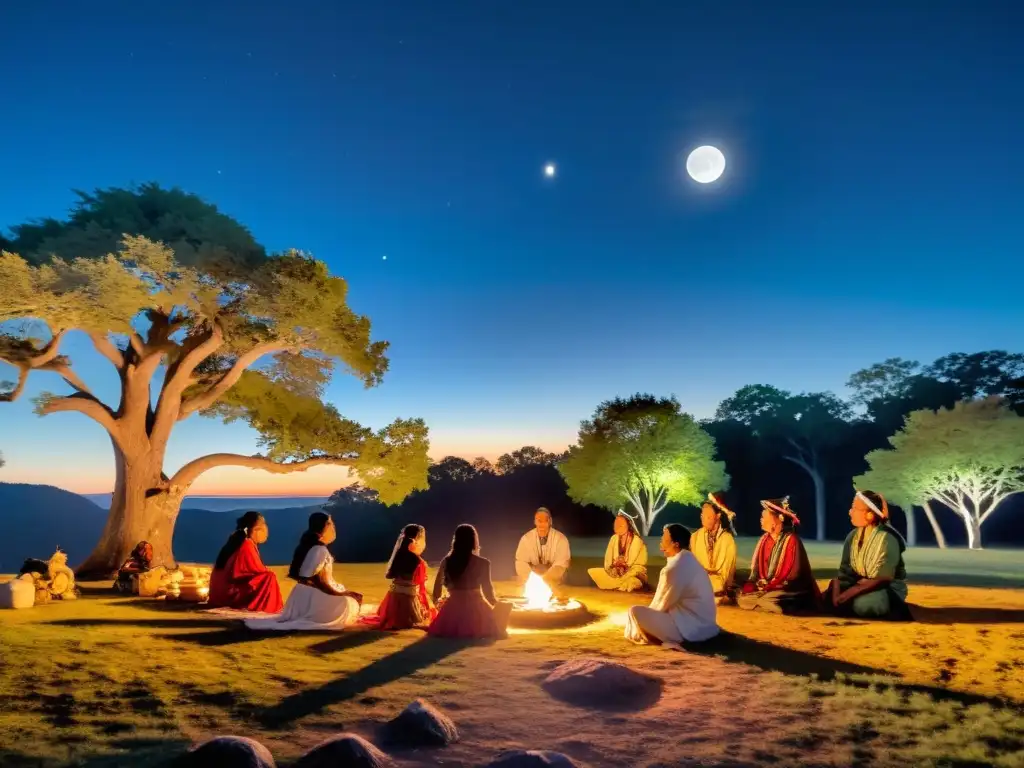 Grupo de personas de diversas culturas indígenas realizando rituales lunares en un claro del bosque bajo la luz de la luna llena