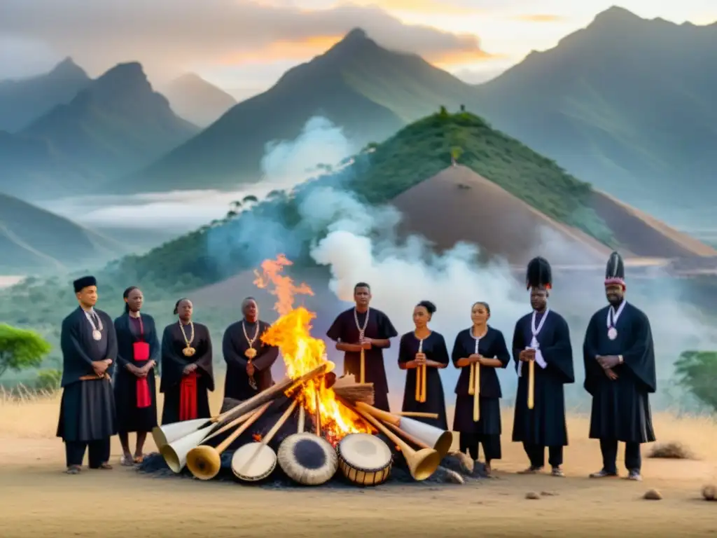 Grupo de personas de diversas culturas tocando música ceremonial en un funeral, rodeados de paisajes diversos