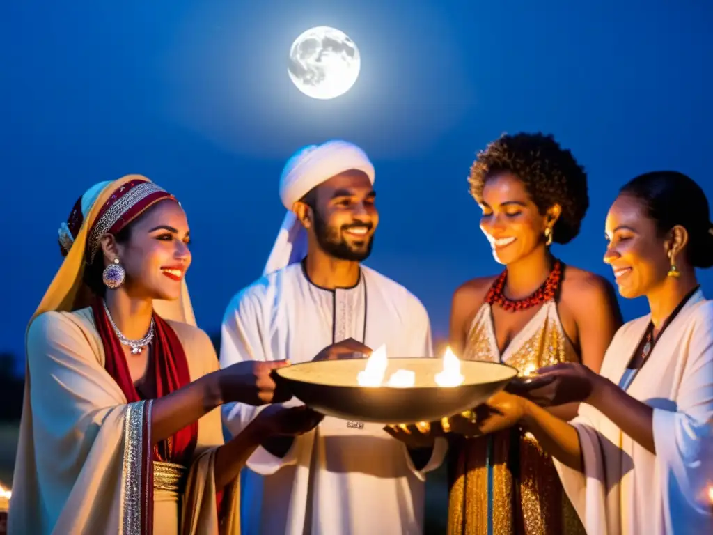 Un grupo de personas de diversas culturas de Medio Oriente y África participa en un ritual lunar bajo la luna llena