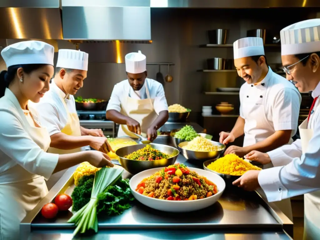 Un grupo de personas prepara con devoción comidas rituales religiosas en una cocina tradicional, con ingredientes vibrantes y coloridos