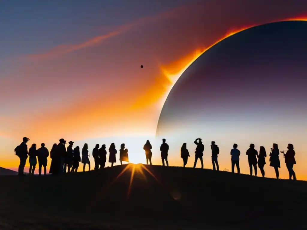 Un grupo de personas observa un eclipse solar, creando una imagen de interpretación rituales eclipses culturas, uniendo a la gente en asombro