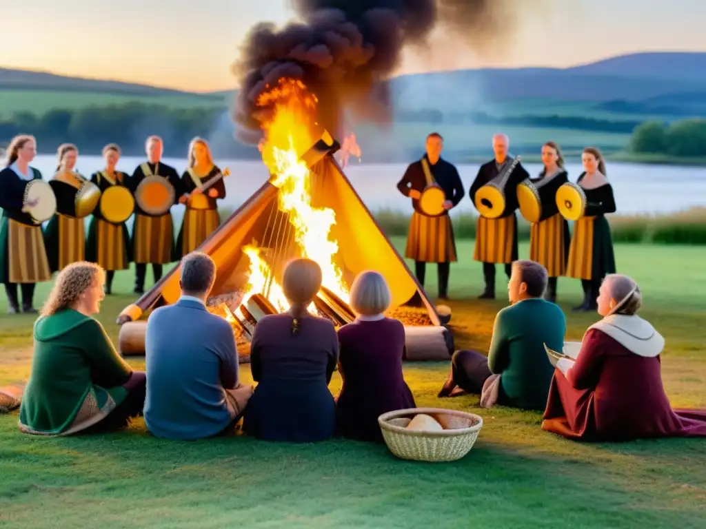 Grupo de personas celebrando el Festival Celta Lughnasadh alrededor de una gran hoguera, con música y pan fresco en primer plano