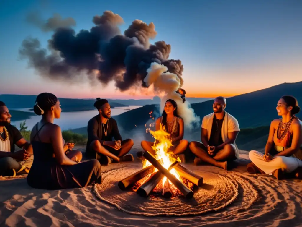 Grupo de personas alrededor de una fogata, tocando instrumentos y cantando en un ritual, resaltando la importancia de la música en rituales