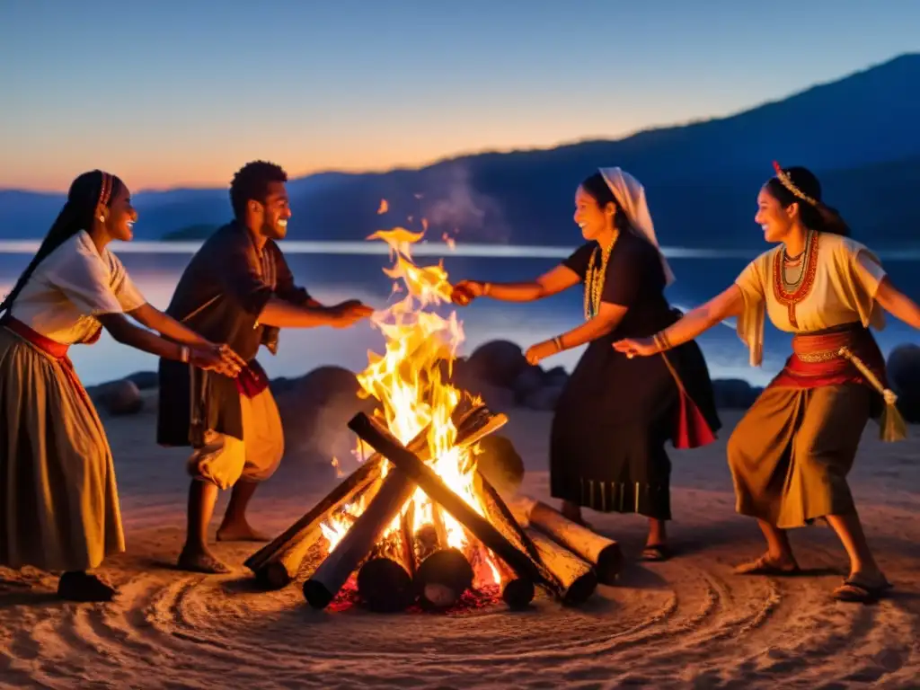 Un grupo de personas danzando alrededor de una fogata en el bosque de noche, en una antigua tradición