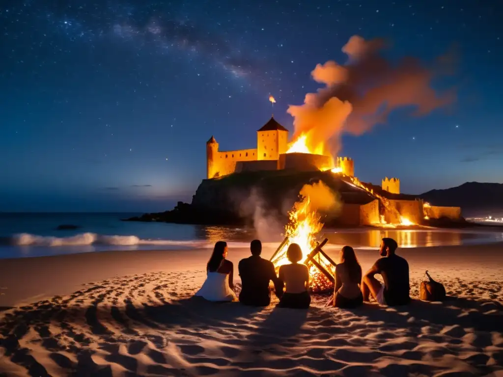 Un grupo de personas alrededor de una fogata en la playa, con el castillo español y el mar de fondo, en la mágica Noche de San Juan