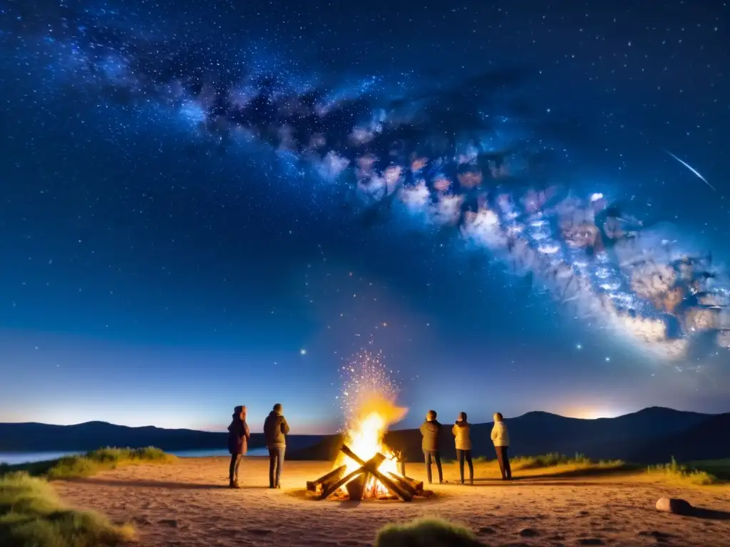 Un grupo de personas se reúnen alrededor de una gran fogata bajo un cielo estrellado, observando la Vía Láctea