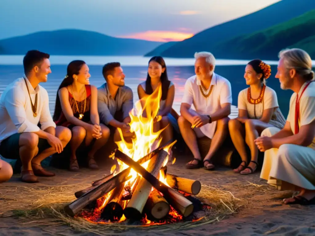 Un grupo de personas se reúnen alrededor de una hoguera en un ritual de solsticio de verano, vistiendo atuendos ceremoniales