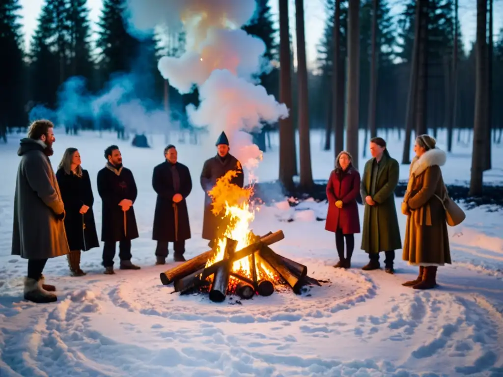 Un grupo de personas celebrando Imbolc en una ceremonia pagana alrededor de una fogata en el bosque nevado, con signos de la primavera emergiendo