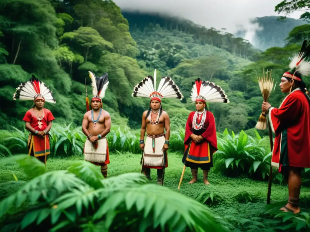 Un grupo de personas indígenas realiza una ceremonia de caza en la selva, destacando la importancia de las ceremonias aborígenes para supervivencia