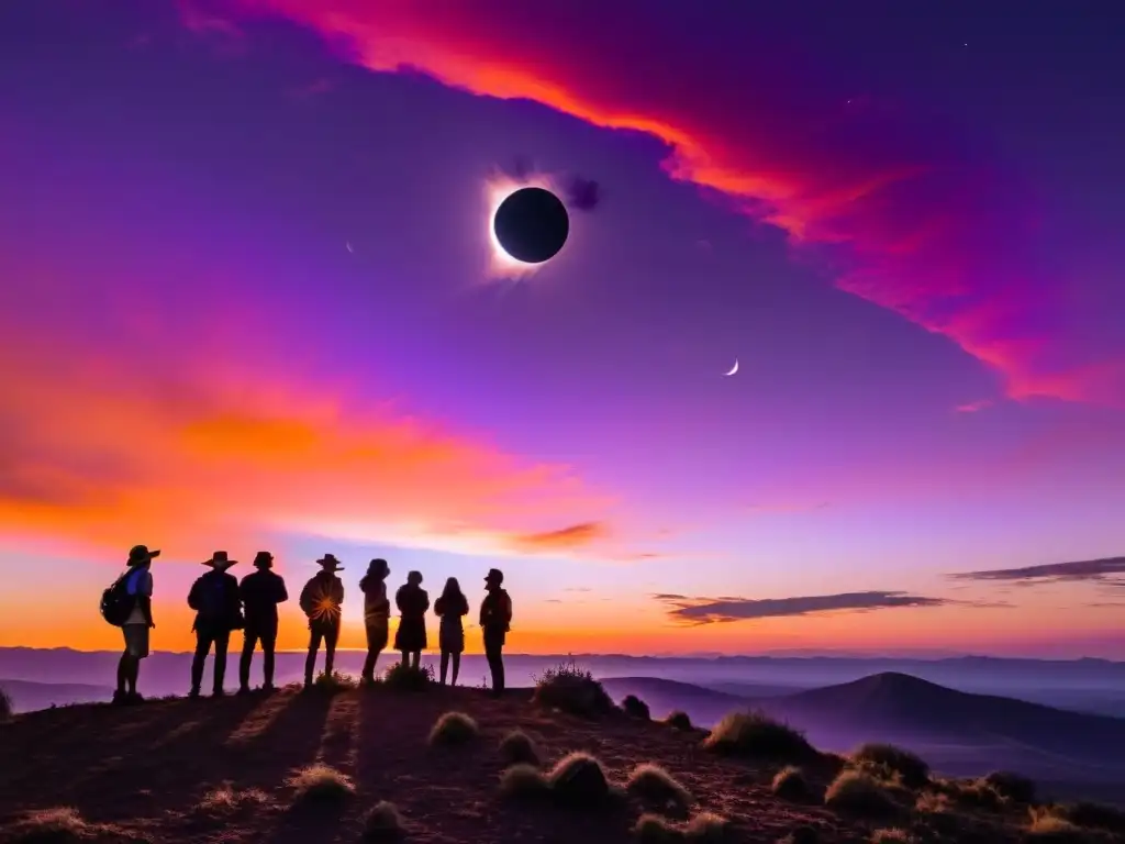 Un grupo de personas indígenas observa un eclipse solar total, rodeados de colores surrealistas