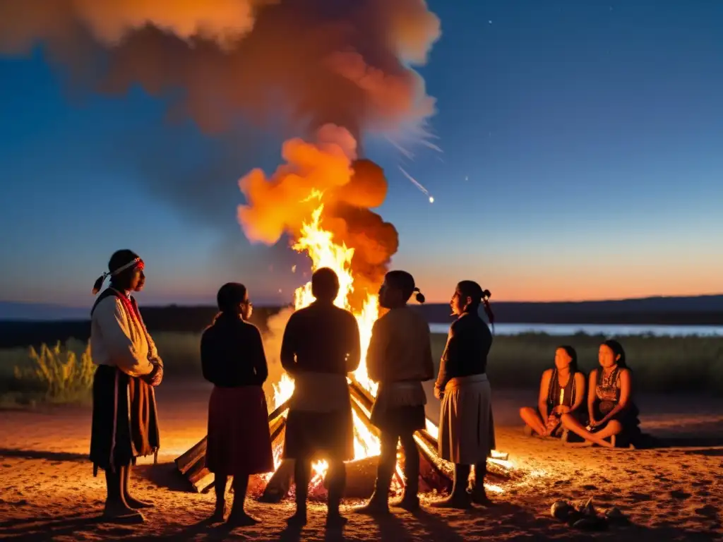 Un grupo de personas indígenas se reúne alrededor de una fogata sagrada, sus rostros iluminados por la cálida luz