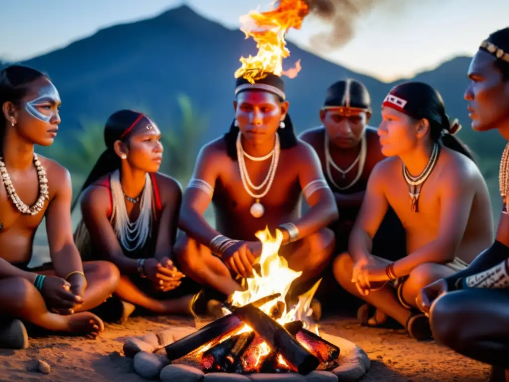 Un grupo de personas indígenas se reúnen alrededor de un fuego sagrado, realizando un ritual