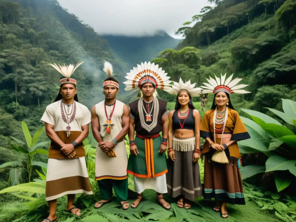 Rituales indígenas: vestimenta sostenible en la selva Un grupo de personas indígenas viste prendas ceremoniales con materiales ecológicos en un ritual sagrado en el bosque