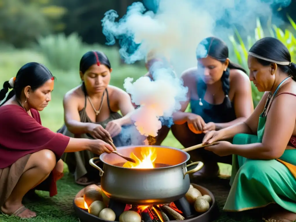 Un grupo de personas indígenas preparando una receta ritual al aire libre, resaltando los colores, detalles y espíritu comunitario