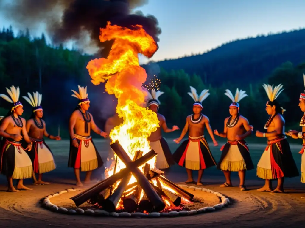 Grupo de personas indígenas participando en un ritual étnico alrededor de una fogata en la selva, honrando su herencia y supervivencia cultural