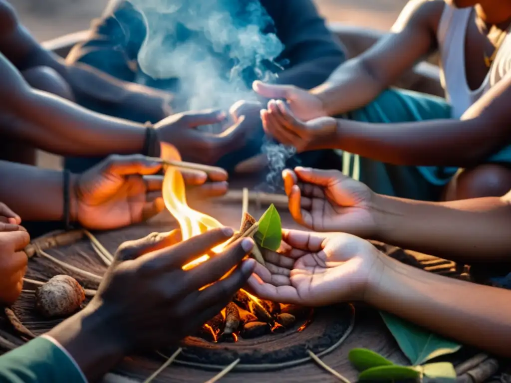 Grupo de personas indígenas en ritual sagrado, preparando y pasando hojas de tabaco entre sí, creando una atmósfera etérea y reverente