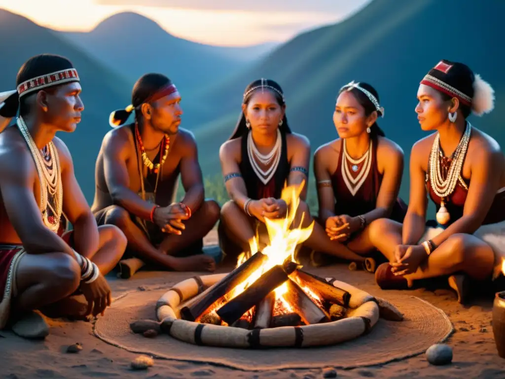 Un grupo de personas indígenas realizando un ritual ancestral alrededor de una fogata, evocando la conexión espiritual y cultural