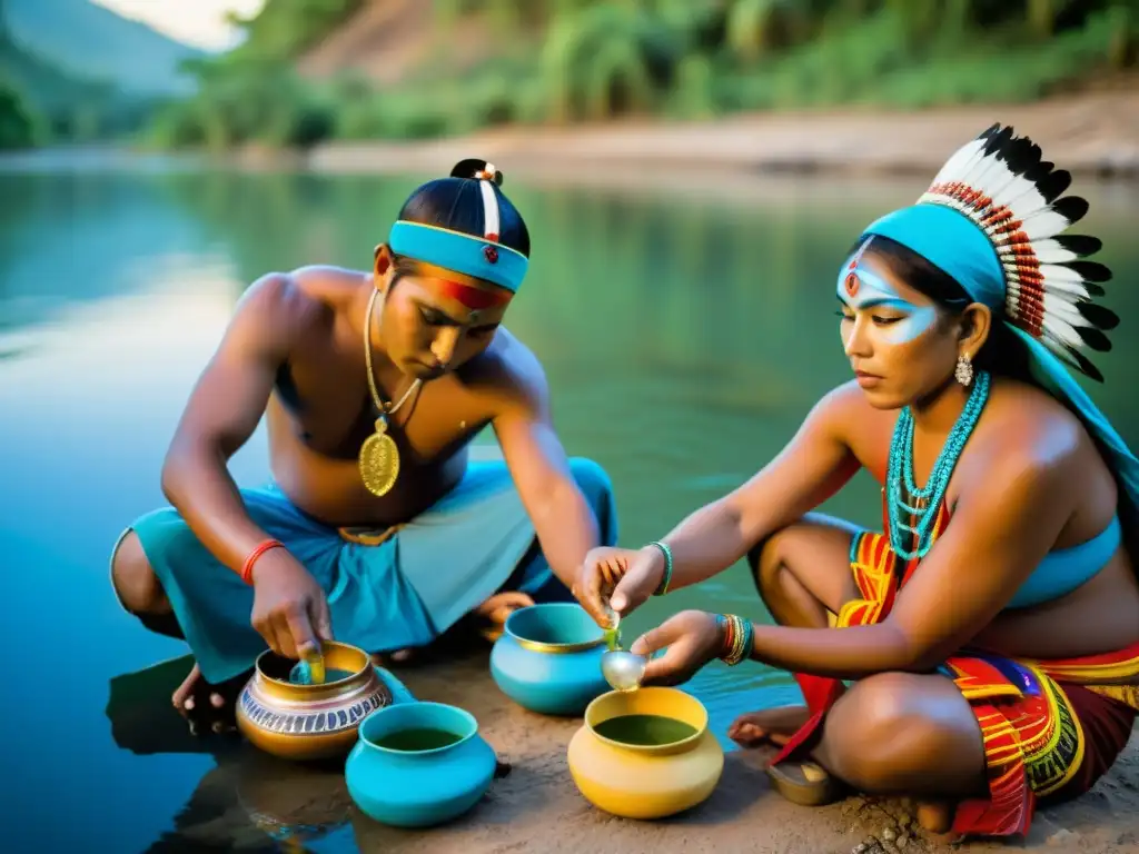 Un grupo de personas indígenas realiza un ritual sagrado de preservación de agua en un río, con atuendos tradicionales y expresiones serenas