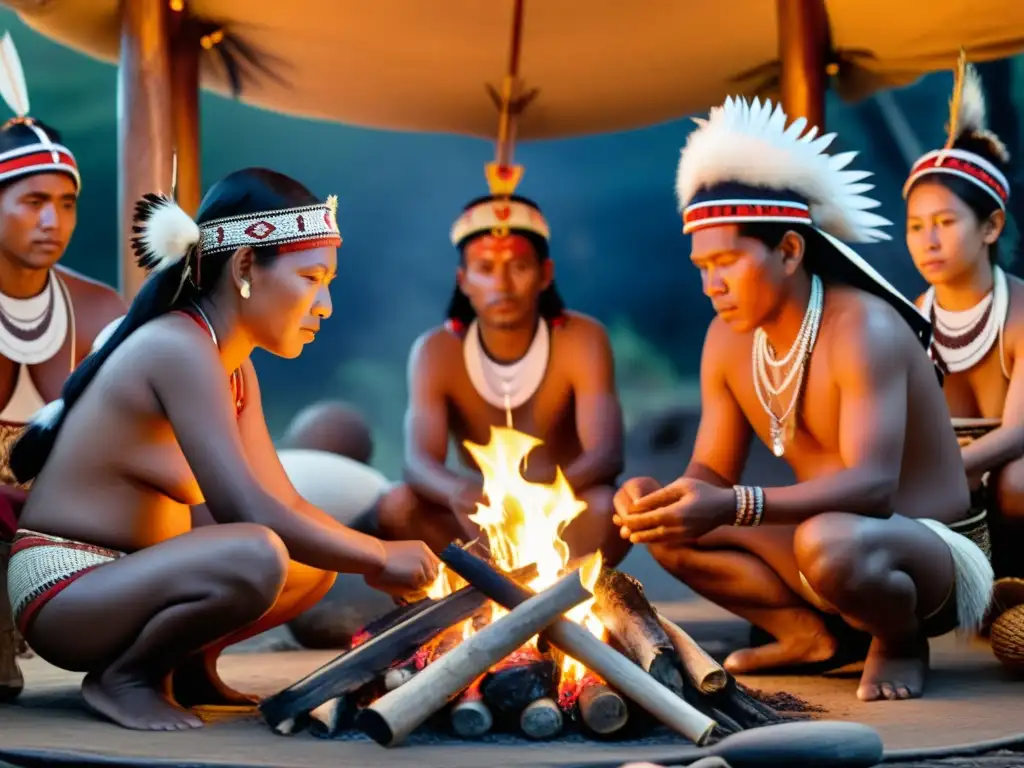 Un grupo de personas indígenas participa en un ritual ancestral alrededor de una fogata, mostrando técnicas etnográficas estudio rituales ancestrales