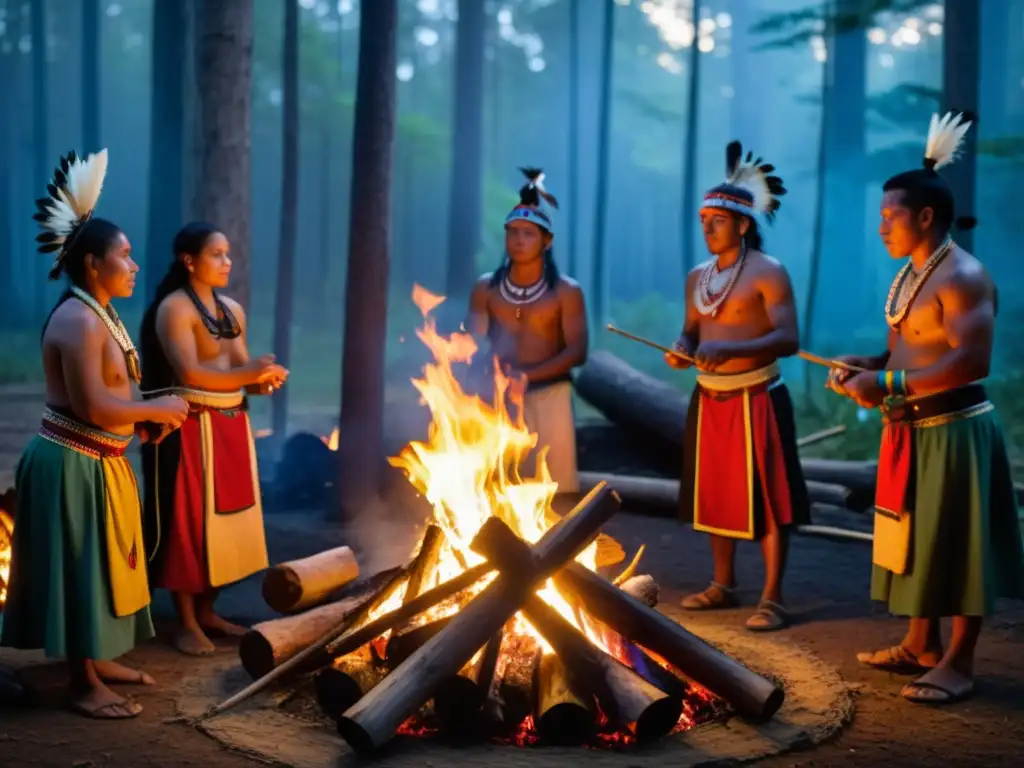 Grupo de personas indígenas realizando rituales ancestrales del mundo alrededor de una fogata en un bosque sagrado