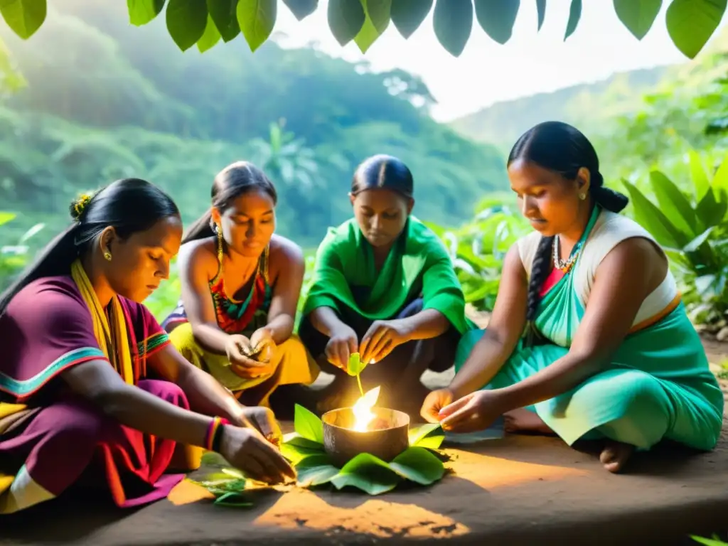 Un grupo de personas indígenas realiza rituales de reciclaje para transformar desechos en objetos sagrados, en medio de la exuberante naturaleza