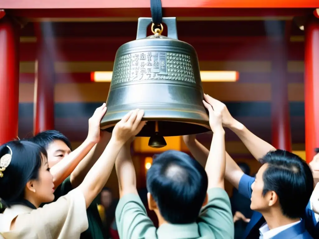 Un grupo de personas japonesas realiza el ritual de joya no kane en un templo, iluminados por linternas en los Rituales de Año Nuevo Japoneses