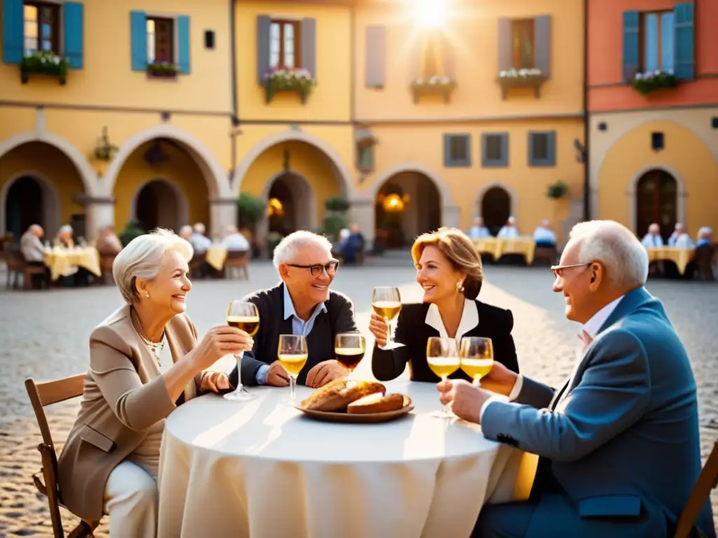 Grupo de personas mayores disfrutando de un ritual de jubilación en una plaza europea pintoresca al atardecer