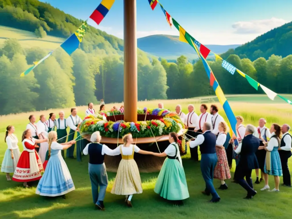 Un grupo de personas bailando alrededor de un maypole decorado con cintas y flores en un claro soleado del bosque en Suecia