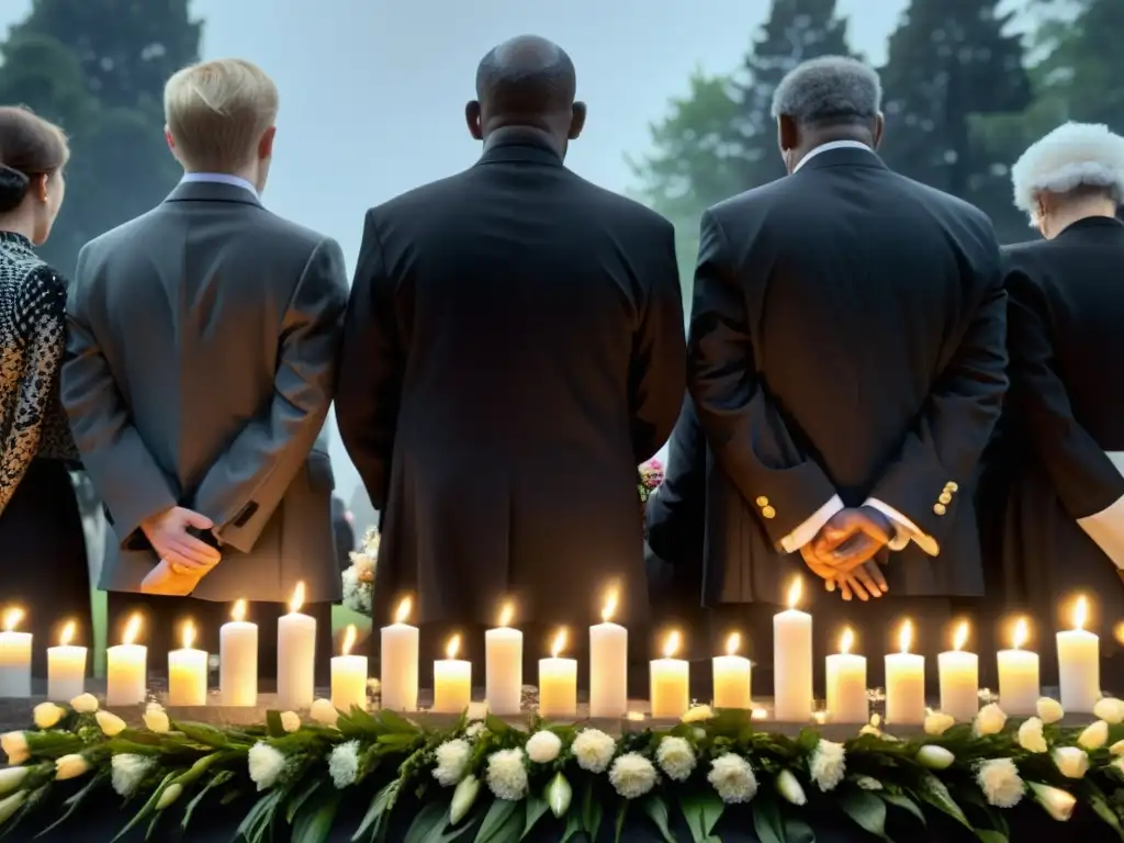 Un grupo de personas se reúne alrededor de un memorial en un ritual funeral, honrando la memoria