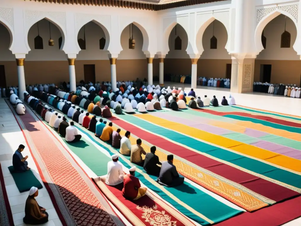 Grupo de personas en la oración de Eid al-Fitr en una mezquita, con coloridos atuendos y alfombras de oración