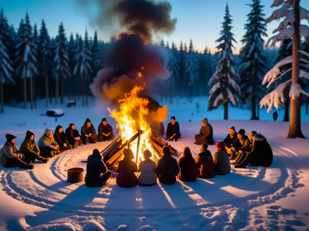 Grupo de personas realiza místicas tradiciones de solsticio de invierno alrededor de fogata en el bosque nevado