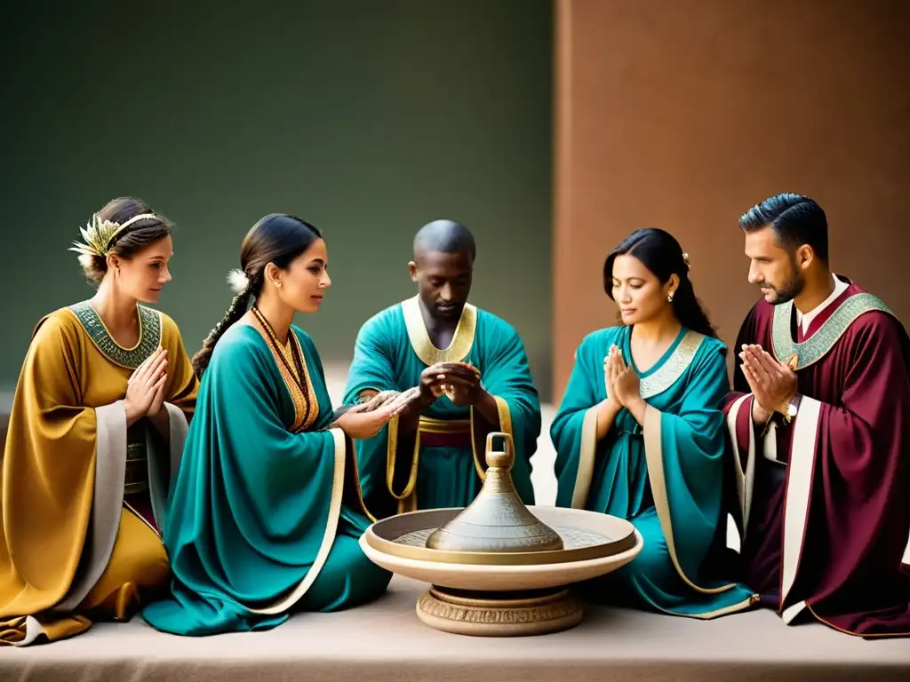 Un grupo de personas modernas practican el antiguo ritual de adivinación de aves romanas, con detalles de sus túnicas, gestos y aves