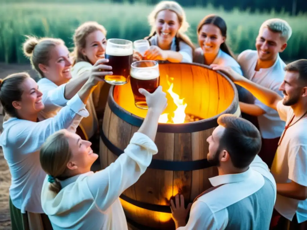 Un grupo de personas celebra la noche de Ivan Kupala alrededor de un barril de kvass, sumergidos en la tradición eslava