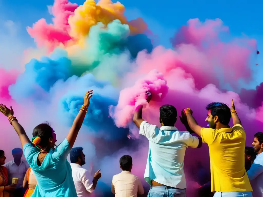 Un grupo de personas disfruta y celebra el Holi, con nubes vibrantes de polvo de colores llenando el aire mientras bailan y se lanzan puñados de polvo