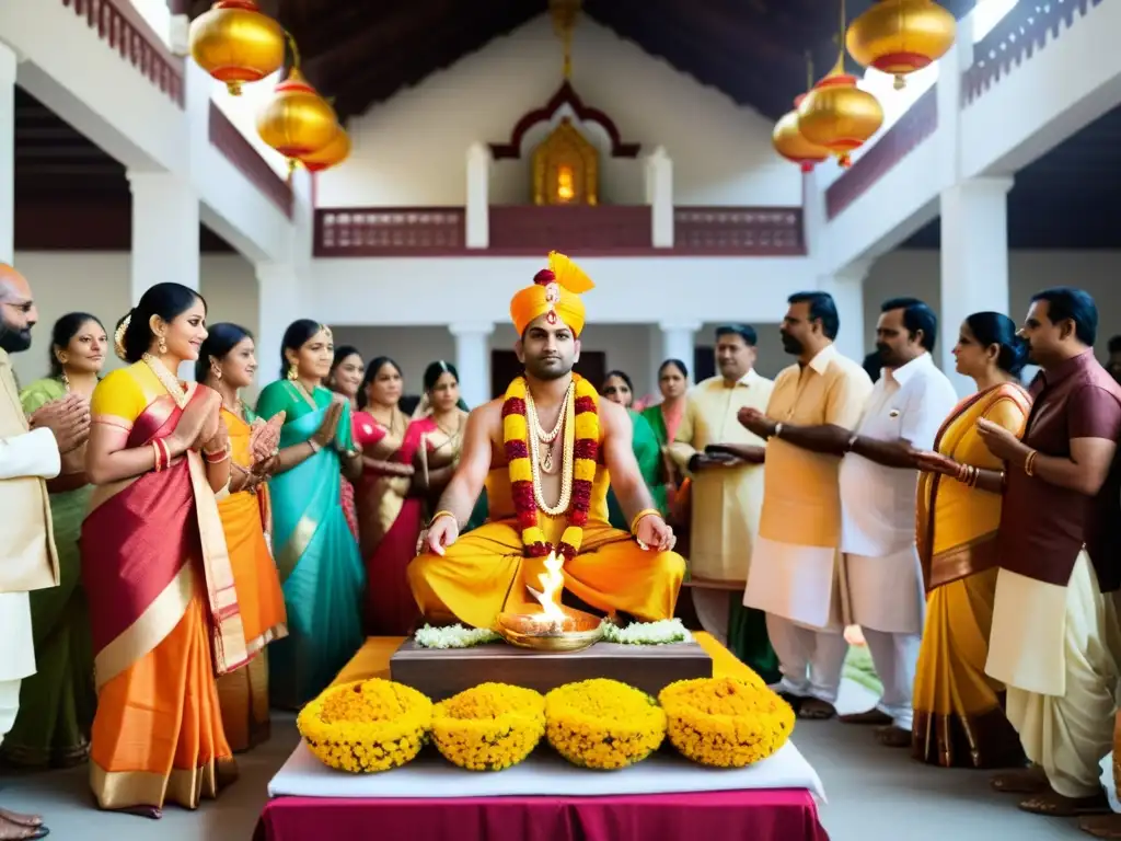 Grupo de personas realizando un ritual hindú para atraer abundancia hogar en un templo decorado con colores vibrantes y detalles ceremoniales