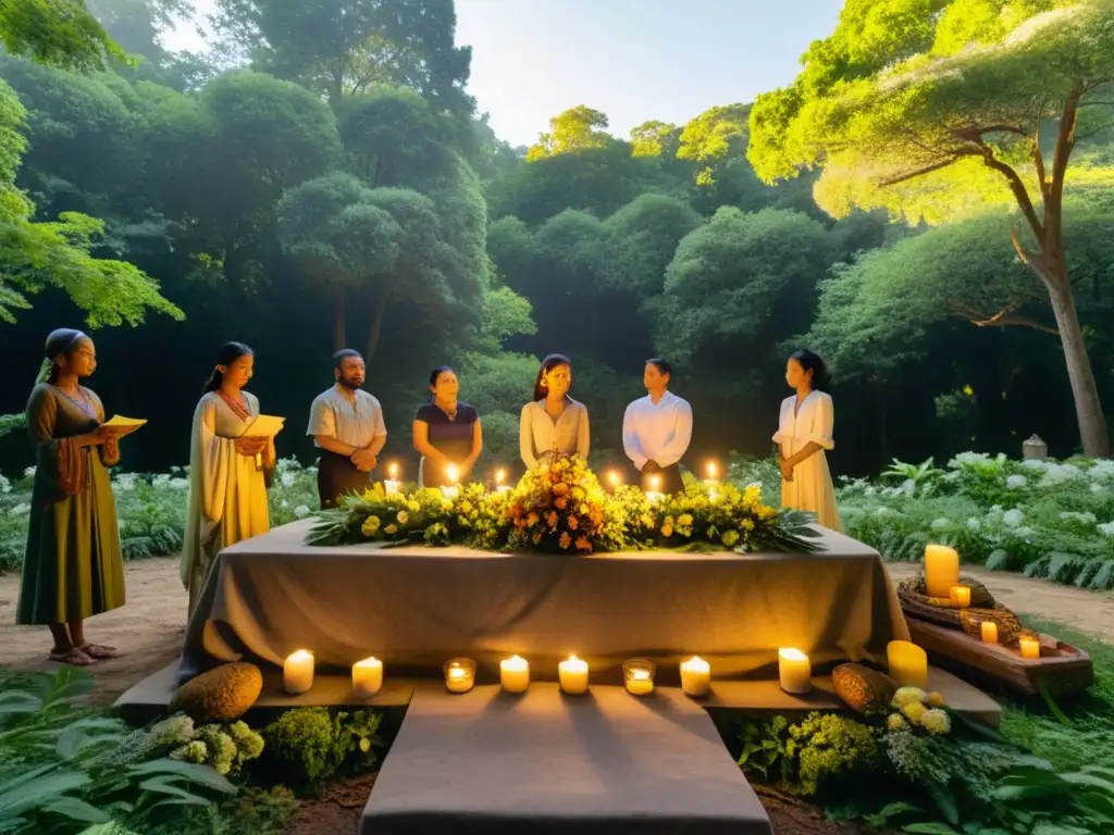 Un grupo de personas realiza un ritual en un altar de piedra en un bosque, rodeado de ofrendas