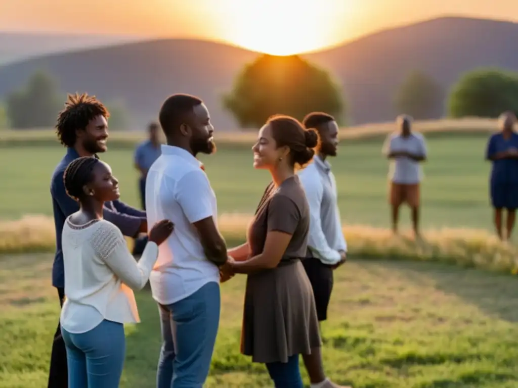 Grupo de personas participando en un ritual comunitario al atardecer en un campo, con una fogata en el centro