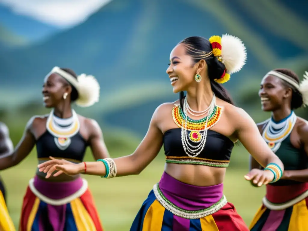 Un grupo de personas bailando en un ritual cultural con trajes vibrantes en un entorno natural diverso