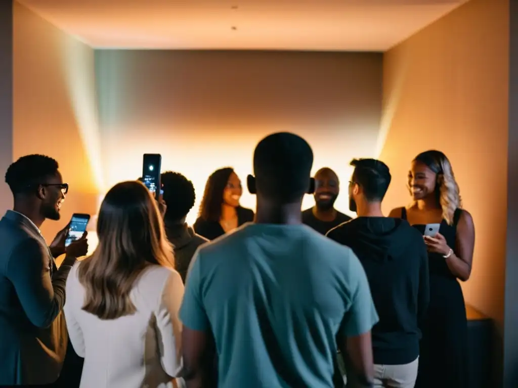 Un grupo de personas participa en un ritual digital, iluminados por sus teléfonos en una habitación tenue