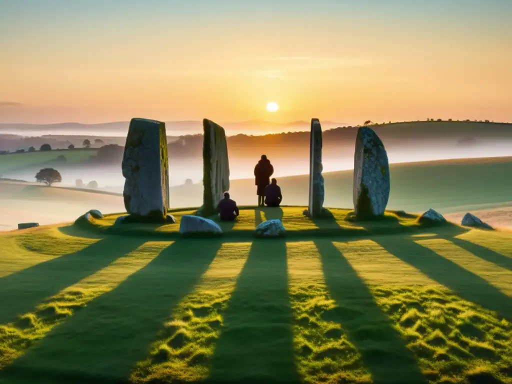 Grupo de personas en ritual de equinoccio al amanecer, uniendo manos y mirando al sol con reverencia