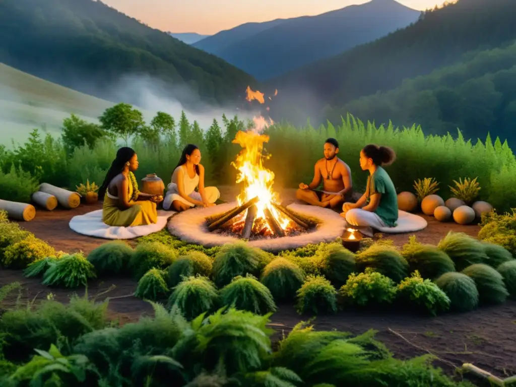 Un grupo de personas participa en un ritual de fitoterapia en un claro del bosque, celebrando el equinoccio con hierbas medicinales