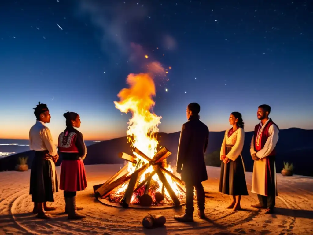 Un grupo de personas realiza un ritual alrededor de una fogata, destacando el significado de rituales de transición en la sociedad moderna