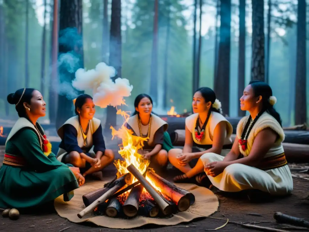 Un grupo de personas participa en un ritual alrededor de una fogata en el bosque, con atuendos ceremoniales