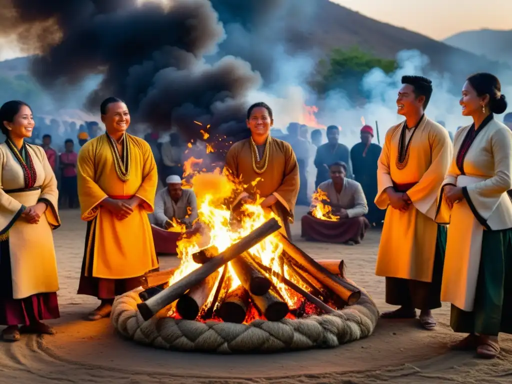 Un grupo de personas en un ritual alrededor del fuego, reflejando el significado del fuego en rituales con reverencia y conexión espiritual