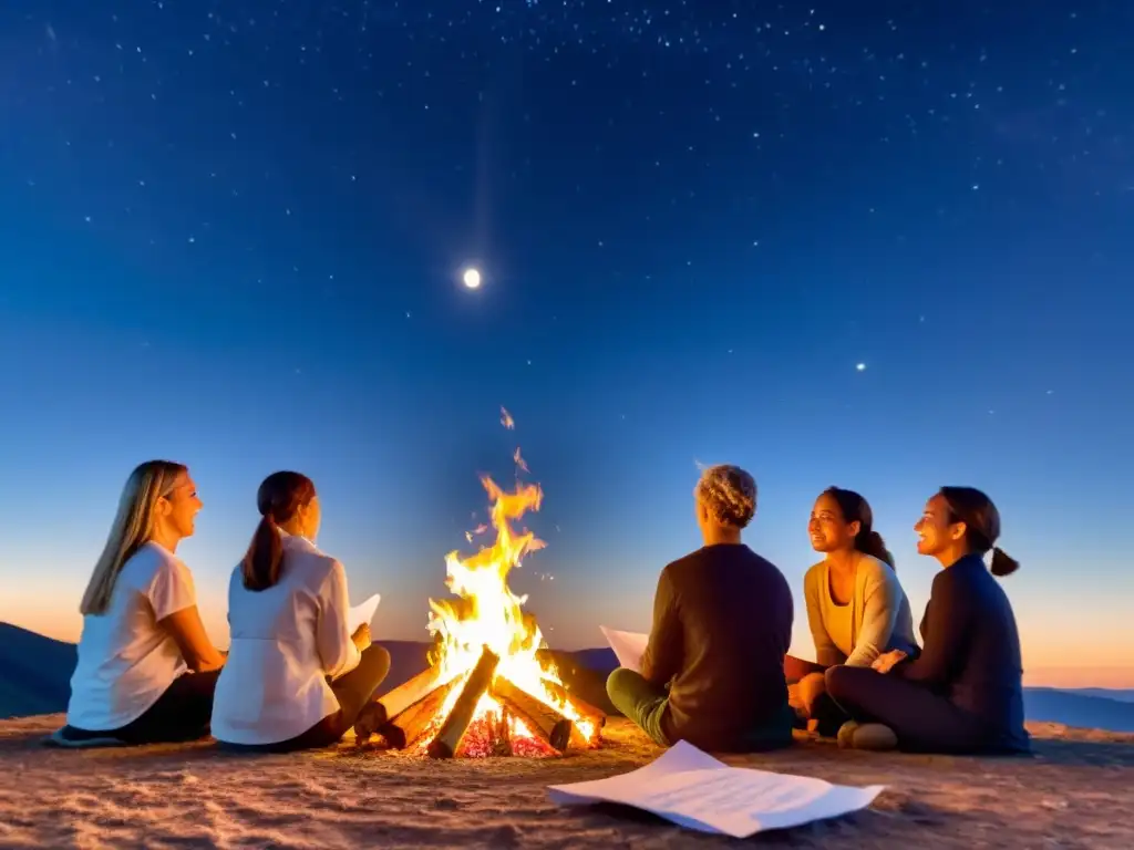 Grupo de personas realizando un ritual de luna nueva, escribiendo intenciones alrededor de una fogata en la naturaleza bajo la luz de la luna llena